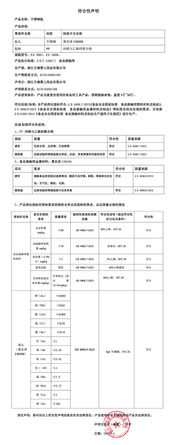 不銹鋼匙符合性聲明2024