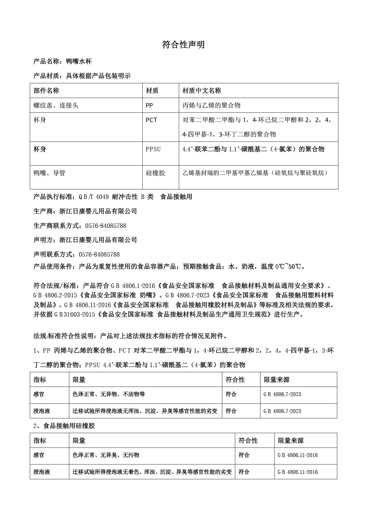 鴨嘴水杯符合性聲明2024